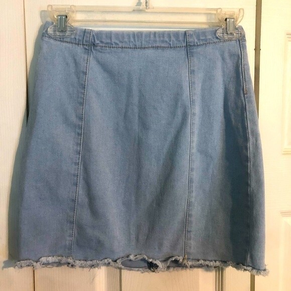 FOREVER 21 Small Light Wash Denim Jean Skirt Frayed Hem Stretch Bodycon Mini - Picture 1 of 5